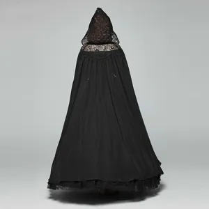 Elegant black hooded lace cape cloak for cosplay party, Halloween, and photography.