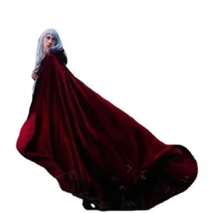 Wine red velvet hooded cloak cape for women, long medieval cosplay costume for Halloween.