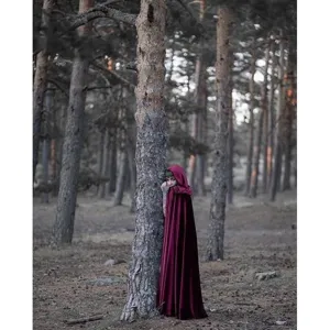 Red velvet hooded cloak for women, long cape for Christmas, Halloween and cosplay photography.