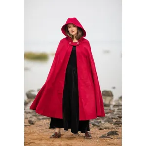 Red hooded winter wool cape cloak for women, warm thick trench coat outerwear for Christmas.