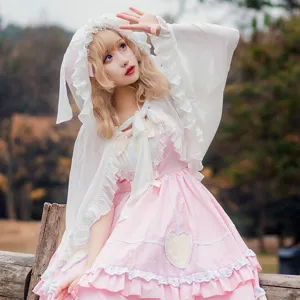 Sweet lolita style white hooded chiffon cape and pink dress detail, perfect for summer sun protection.