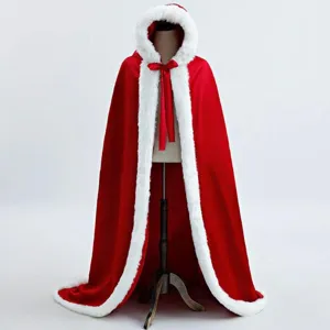 Red Christmas hooded cloak with white faux fur trim, long winter warm cape for women.