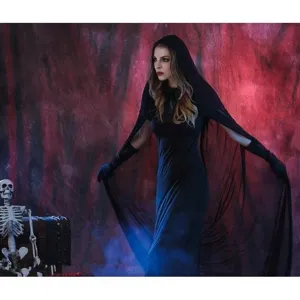 Black hooded cloak dress Halloween cosplay costume grim reaper witch gothic dress long cape outfit