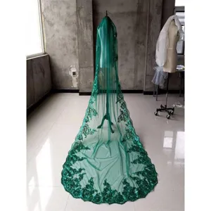 Long single-layer bridal veil featuring exquisite sequin lace embroidery for wedding events.