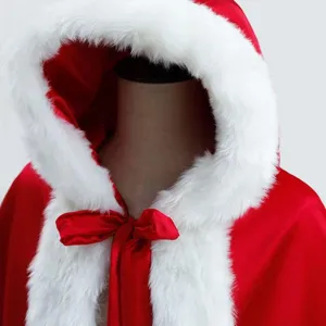Detailed close-up view of red christmas hooded cloak with soft white plush trim.