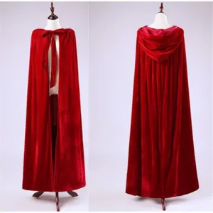 Red velvet hooded cloak for stage performance, long cape costume for holiday cosplay events.