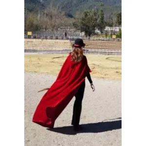 Long red velvet hooded cloak for stage performance, cosplay, and holiday costume dress-up.