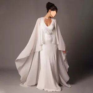 Elegant white chiffon wedding cape cloak for women, long flowing bridal bridesmaid shawl.