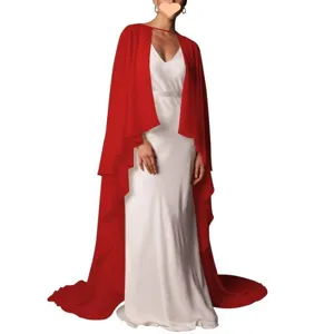 Elegant Red Chiffon Bridal Cape Long Flowing Shawl Women Wedding Dress Outerwear