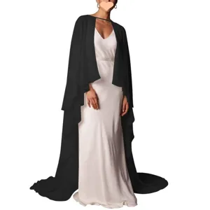 Solid color chiffon long cape shawl for women, elegant bridal bridesmaid evening dress cover up.