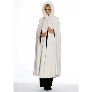 White hooded bridal cape detail, faux fur trim, elegant long winter wedding cloak feature.
