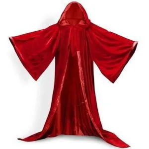 Red hooded velvet cloak with wide sleeves, long stage performance cape for adults and events.