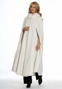 Elegant cream white bridal cape with plush fur collar, perfect for wedding and formal winter events.