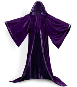 Purple velvet hooded cloak with wide sleeves for stage performance, cosplay, and party wear.