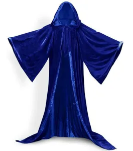 Velvet hooded cloak detail view, wide sleeves design, blue theatrical costume fabric close up.