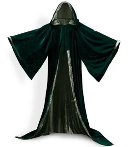 Detailed view of a dark green velvet hooded cloak with wide sleeves and shiny silver lining.