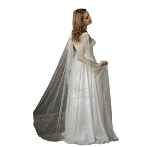 Elegant bridal long white cape sheer sparkling tulle with delicate pearls for wedding dress.