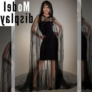 Black halloween hooded cloak mesh cape detail showing sheer fabric texture and stage design