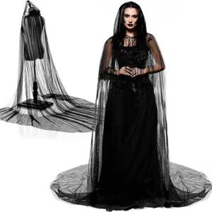 Black gothic hooded cape detail, long sheer mesh cloak for Halloween ghost bride stage costume.