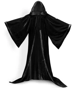 Black velvet hooded cloak detail featuring wide sleeves, soft texture, and elegant drape.