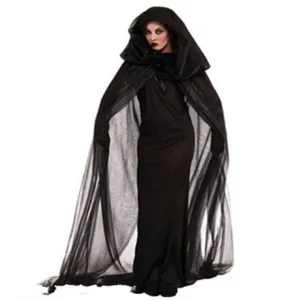 Set mantello e vestito da strega nera per Halloween, ideale per feste in costume e foto gotiche.