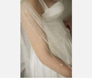 Bridal pearl glitter tulle cape detail, sheer ivory mesh shoulder wrap for wedding dress
