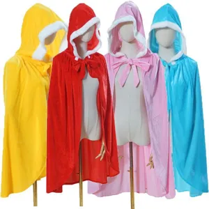 Children velvet hooded cape with white faux fur trim, colorful holiday party costume cloak.