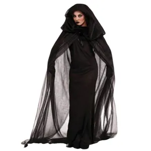 Halloween vestito nero mantello con cappuccio strega stile gotico scuro cosplay costume lungo