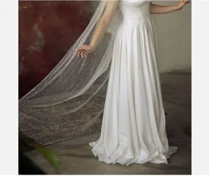 Bridal long ivory white pearl embellished single layer glitter mesh wedding cape detail view