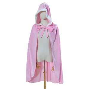 Pink hooded cloak detail view, plush trimmed cape with bow tie, perfect for festive wear.