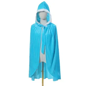 Blue hooded cloak with white plush trim, short cape for holiday cosplay, Christmas party costume.