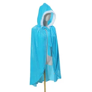 Detail shot of blue hooded costume cape with soft white faux fur trim and front tie closure.