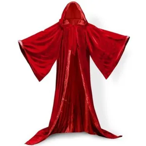 Red hooded velvet cloak stage performance costume long cape with oversized sleeves for adults.