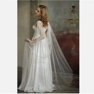 Bridal long white ivory sheer cape veil with pearls and glitter mesh for wedding dress gown.