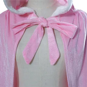 Pink velvet hooded cape with white faux fur trim and front bow tie for festival wear.