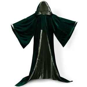 Dark green hooded cloak cape with wide sleeves and silver lining for stage costume and cosplay.