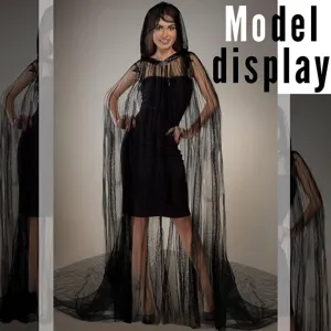 Black halloween long hooded mesh cape cloak gothic witch stage performance costume outfit wear