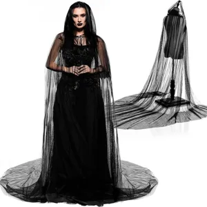 Black Halloween long hooded cloak Gothic ghost bride cape for stage performance cosplay.