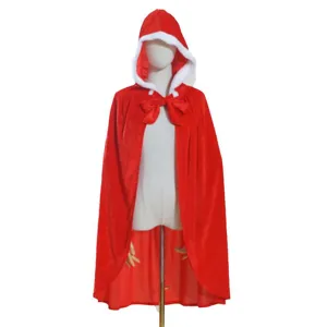 Kids Christmas red hooded cape with white plush trim and bow tie for holiday parties.