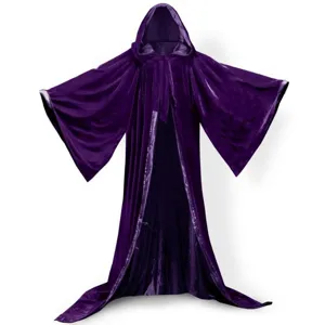 Purple velvet hooded cloak with wide sleeves, long costume cape for theatrical stage performance.