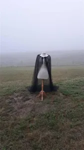 Outdoor detail shot of a black mesh tulle cape on a mannequin, perfect for gothic or Halloween.