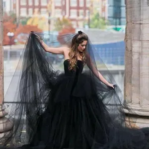 Black bridal veil soft mesh wedding photography props gothic style long veil for studio shoot