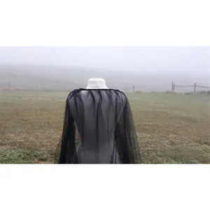 Black mesh bridal cape sheer tulle wedding cloak Halloween costume veil for women elegant party.