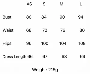 Size chart for sleeveless waist cinching short dress with bust waist hip measurements.