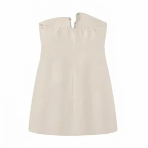 Beige sleeveless strapless mini dress, back zipper closure detail for a stylish look