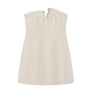 Beige sleeveless waist cinching short dress, elegant strapless mini dress for women.