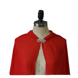 Red chiffon hooded cloak detail view, vintage silver clasp, elegant costume cape for women.