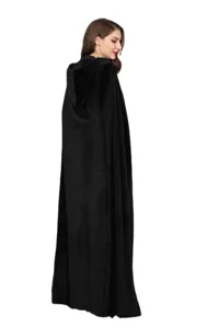 Detailed view of the black hooded cloak, featuring soft fabric and classic medieval design.