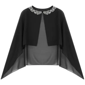 Elegante capa de gasa negra para mujer con cuello de cuentas, chal de verano ligero y bolero.