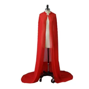 Red chiffon hooded cloak detail view, lightweight costume cape for photography or events.